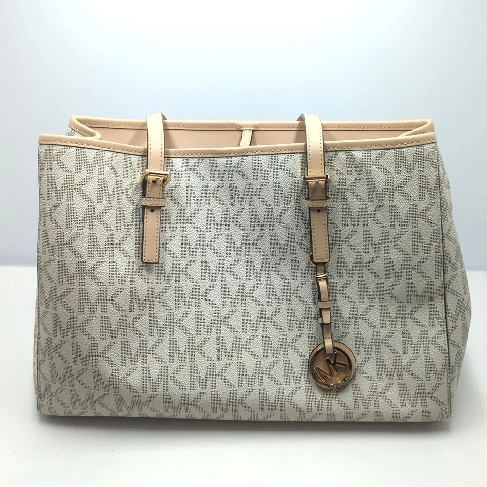 Michael Kors Jet Set Travel East West Monogram Tote Bag Purse Vanilla - Picture 1 of 16